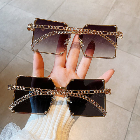 Oversize Gradient Sunglasses For Women Vintage Alloy Chain Frame