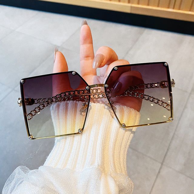 Oversize Gradient Sunglasses For Women Vintage Alloy Chain Frame